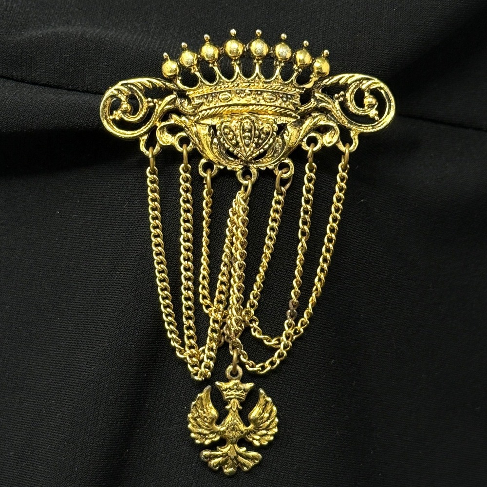 Vintage Art Arthur Pepper Gold Tone Crown Heraldic Eagle Draping Chain Brooch